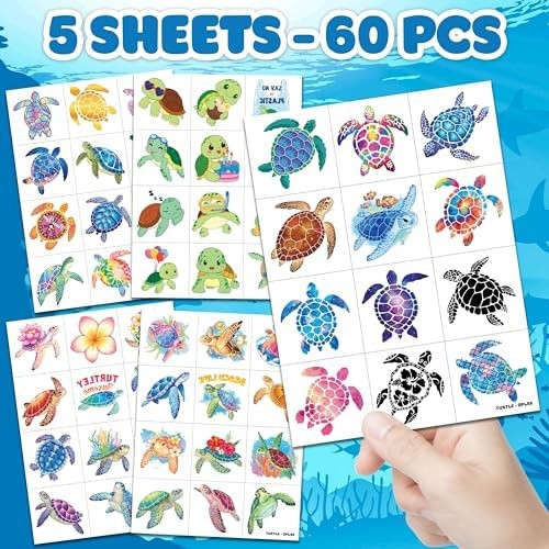 60-Count Turtle Temporary Tattoos for Kids - Pre-Cut Ocean Animal Sticker Set