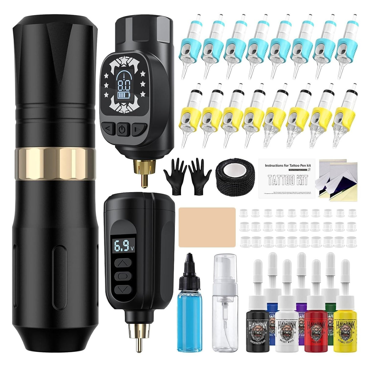 Wireless Tattoo Machine Pen Kit with 2 Batteries, 16 Cartridges & 7 Ink Colors