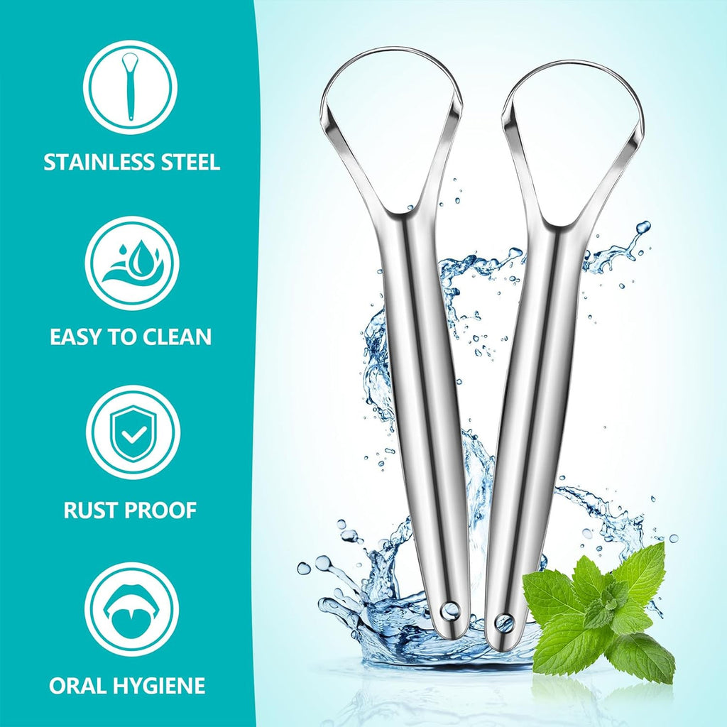 Stainless Steel Tongue Scraper 2 Pack - Oral Hygiene Cleaner with Travel Case