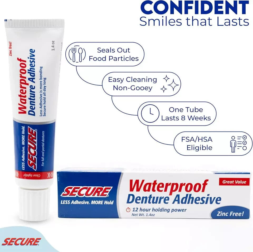 Waterproof Denture Adhesive - Extra Strong Hold, Zinc-Free, 12 Hours
