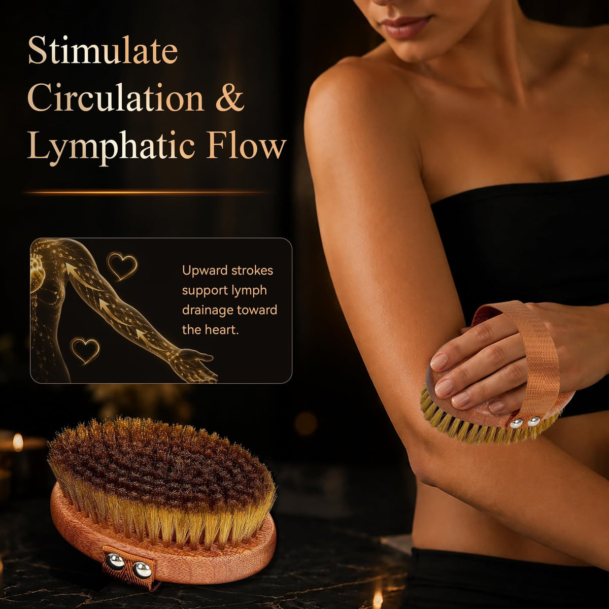 Dry Body Brush with Ebony Wood & Copper Bristles for Exfoliation & Circulation