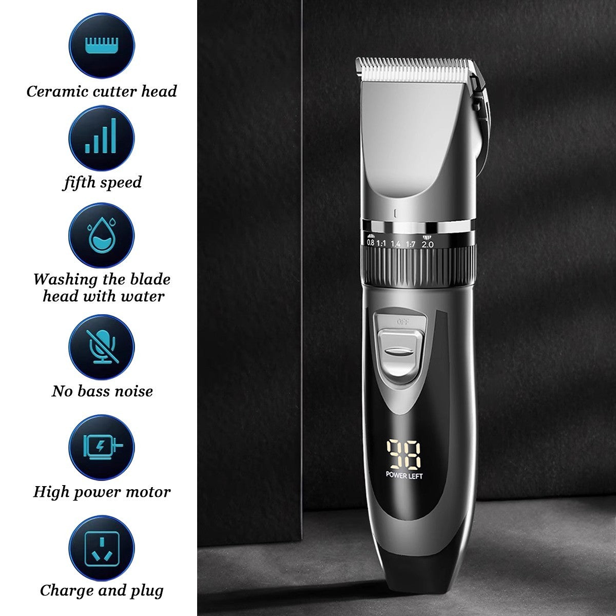 Cordless Rechargeable Hair Clippers Kit with LCD Display & Adjustable Length