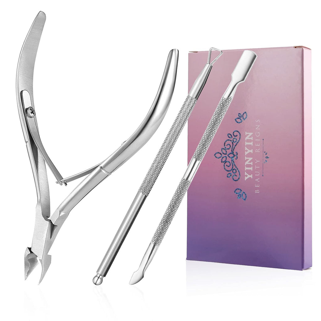 Cuticle Nippers with Pusher and Cutter - 3 Piece Nail Care Set, Silver