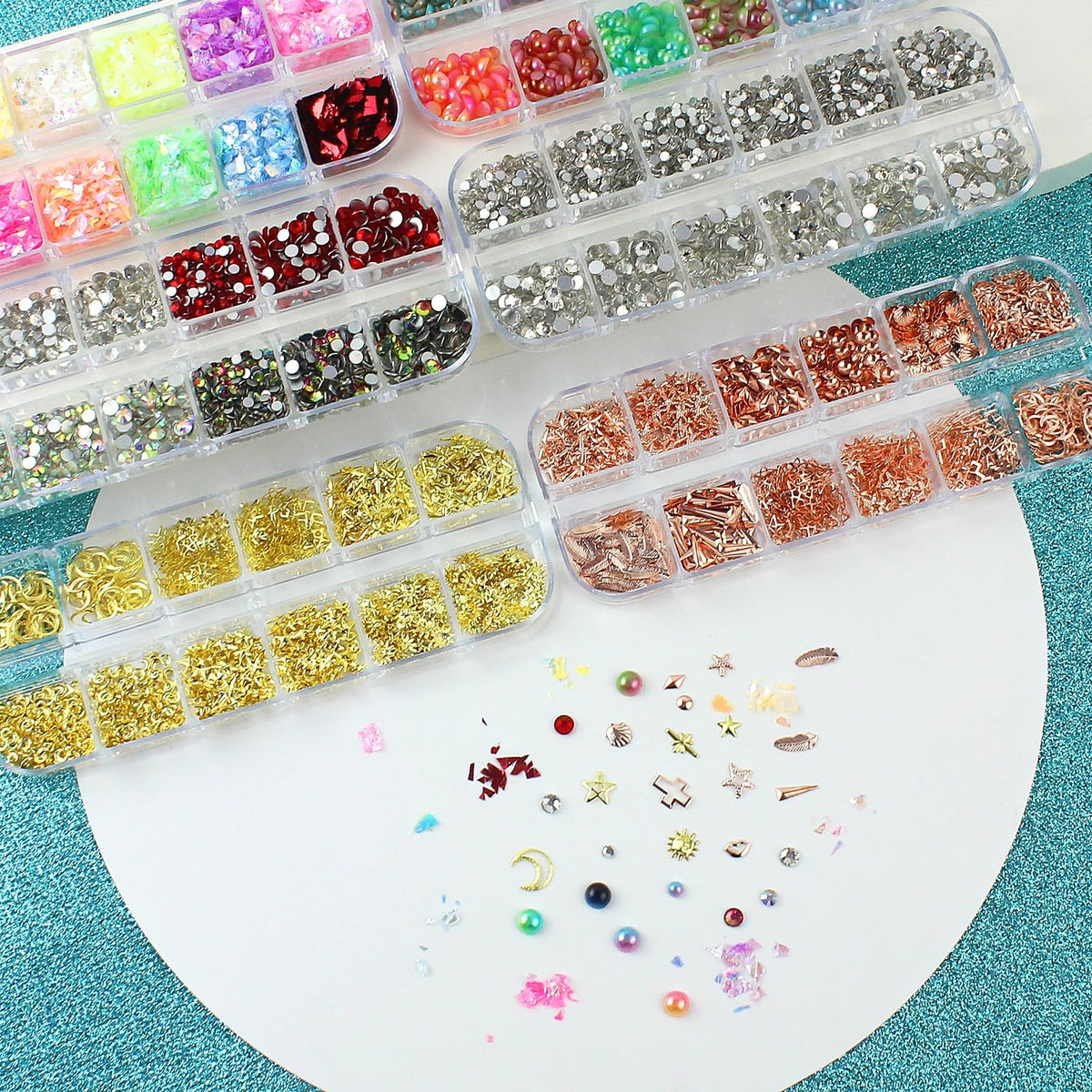 Nail Art Glitter Studs Kit with Gold Stickers and 3D Charms - Multicolor