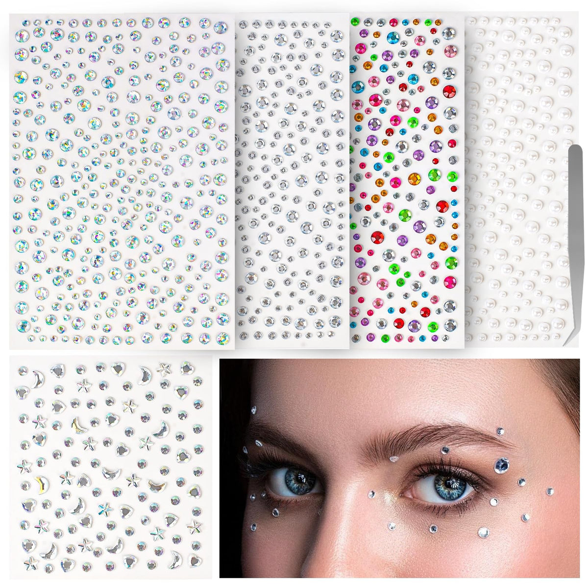 Face Gems Self-Adhesive Hair Accessories Set – 5 Types