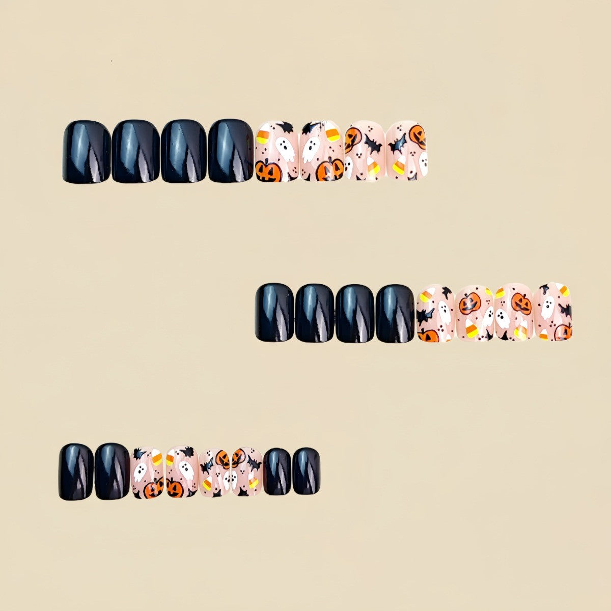 48Pcs Cute Spooky Halloween Press-On Nail Set - Pumpkin Ghost Bat Design