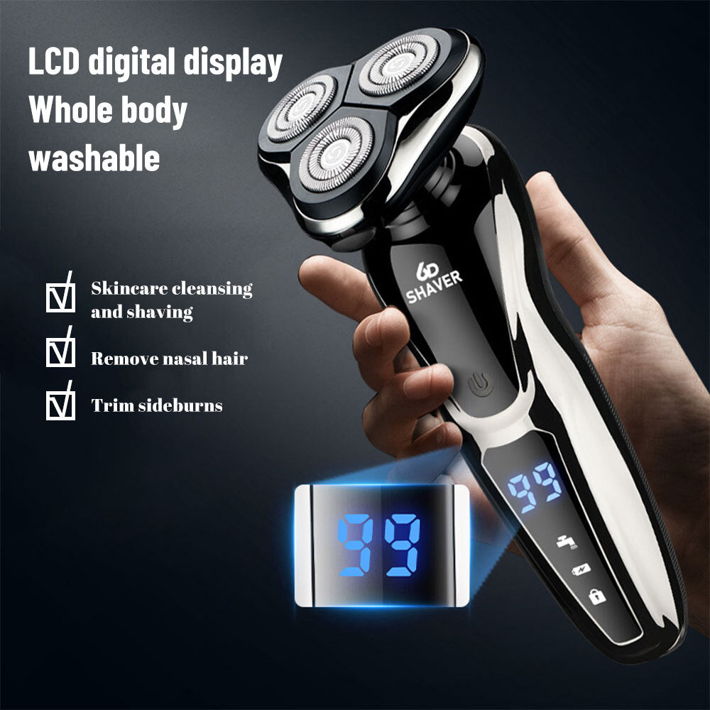 Rechargeable Men's Electric Shaver with LCD Display Waterproof Rotary Razor