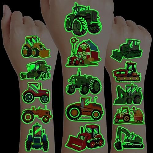 Glow-in-the-Dark Tractor Temporary Tattoos - 96 Pcs Pre-Cut Kids Tattoos