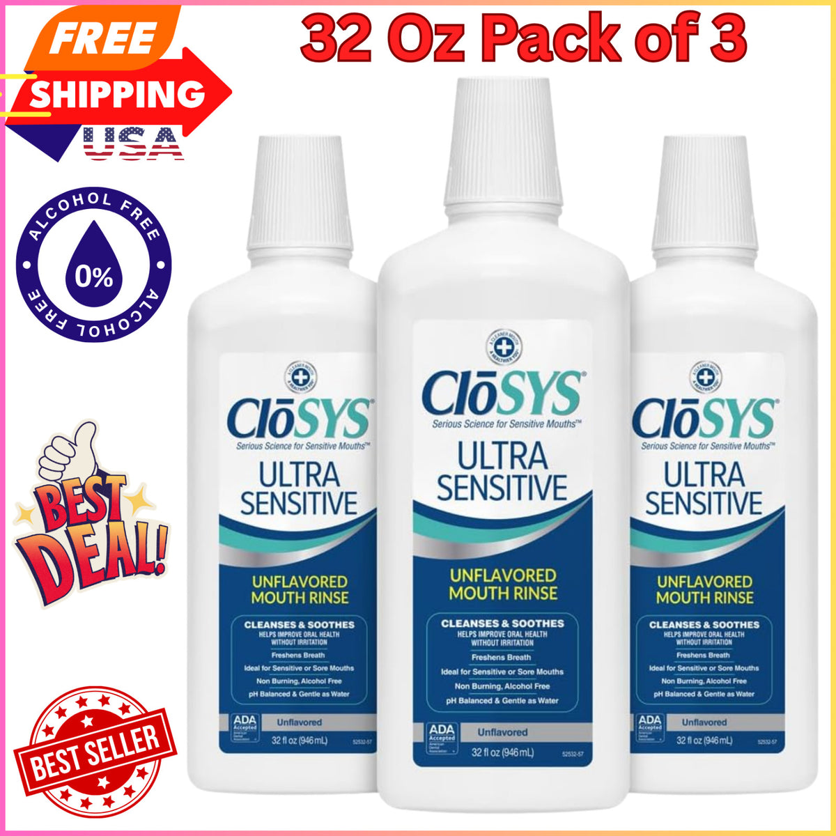 Ultra Sensitive Unflavored Mouthwash - Soothes & Freshens Breath, 32 Oz Pack of 3