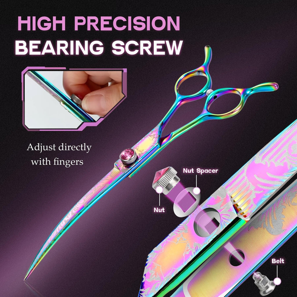 7-Inch Downward Curved Dog Grooming Scissors for Face and Paws - Rainbow Stainless Steel