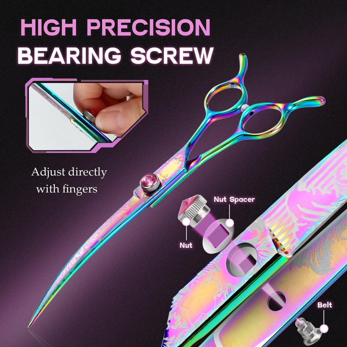 7-Inch Downward Curved Dog Grooming Scissors for Face and Paws - Rainbow Stainless Steel