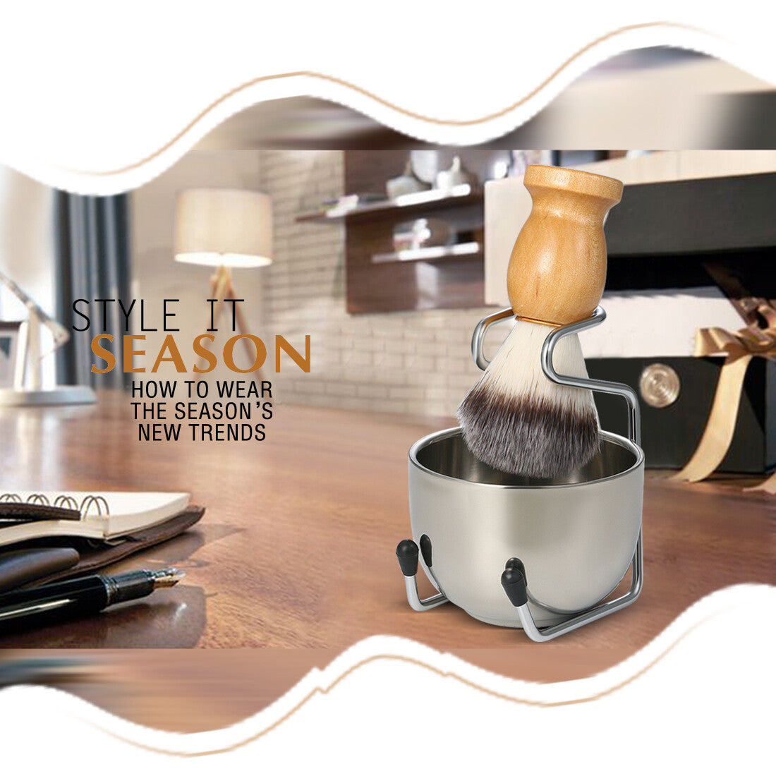 3-in-1 Men’s Shaving Brush Set with Wooden Handle & Stand — Includes Mug & Bowl