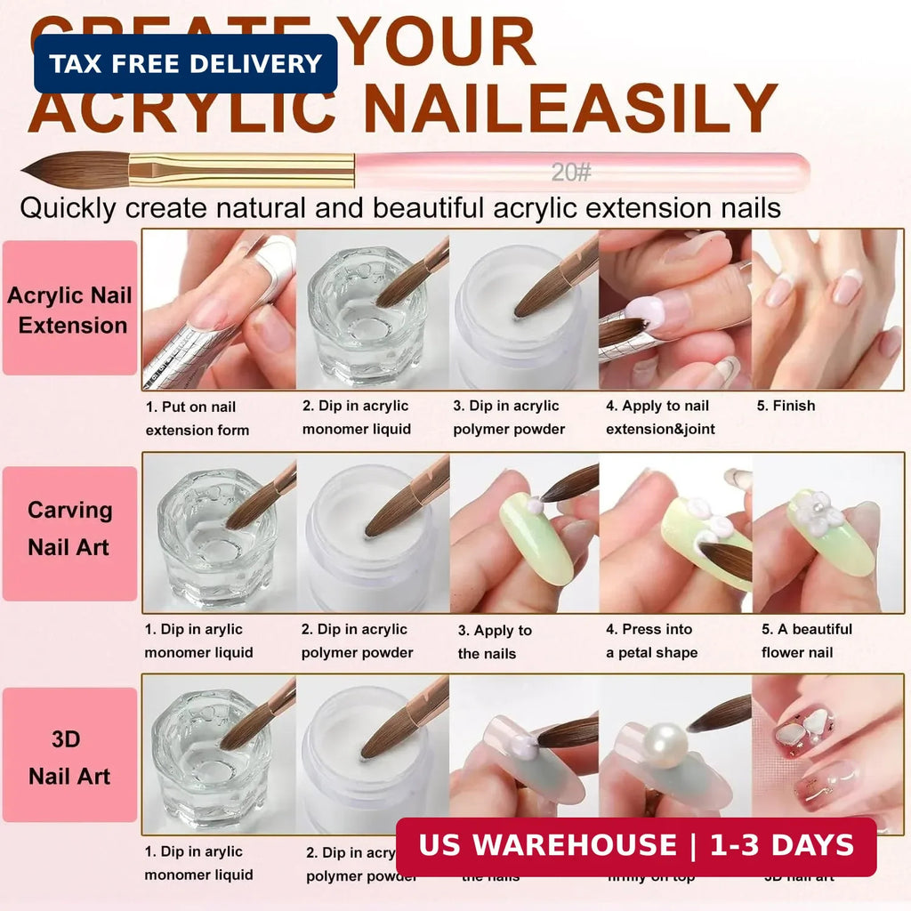 Pink Acrylic Nail Brush Set 10 Pcs for Nail Art & Painting
