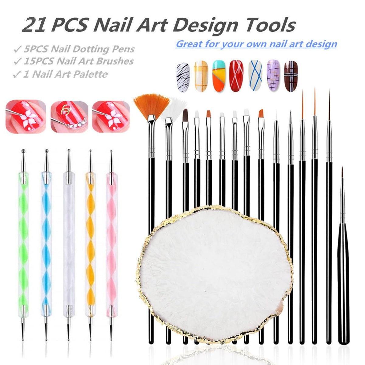 21-Piece Nail Art Brush Set with Dotting Tools & Mixing Palette for Detailed Manicure Designs