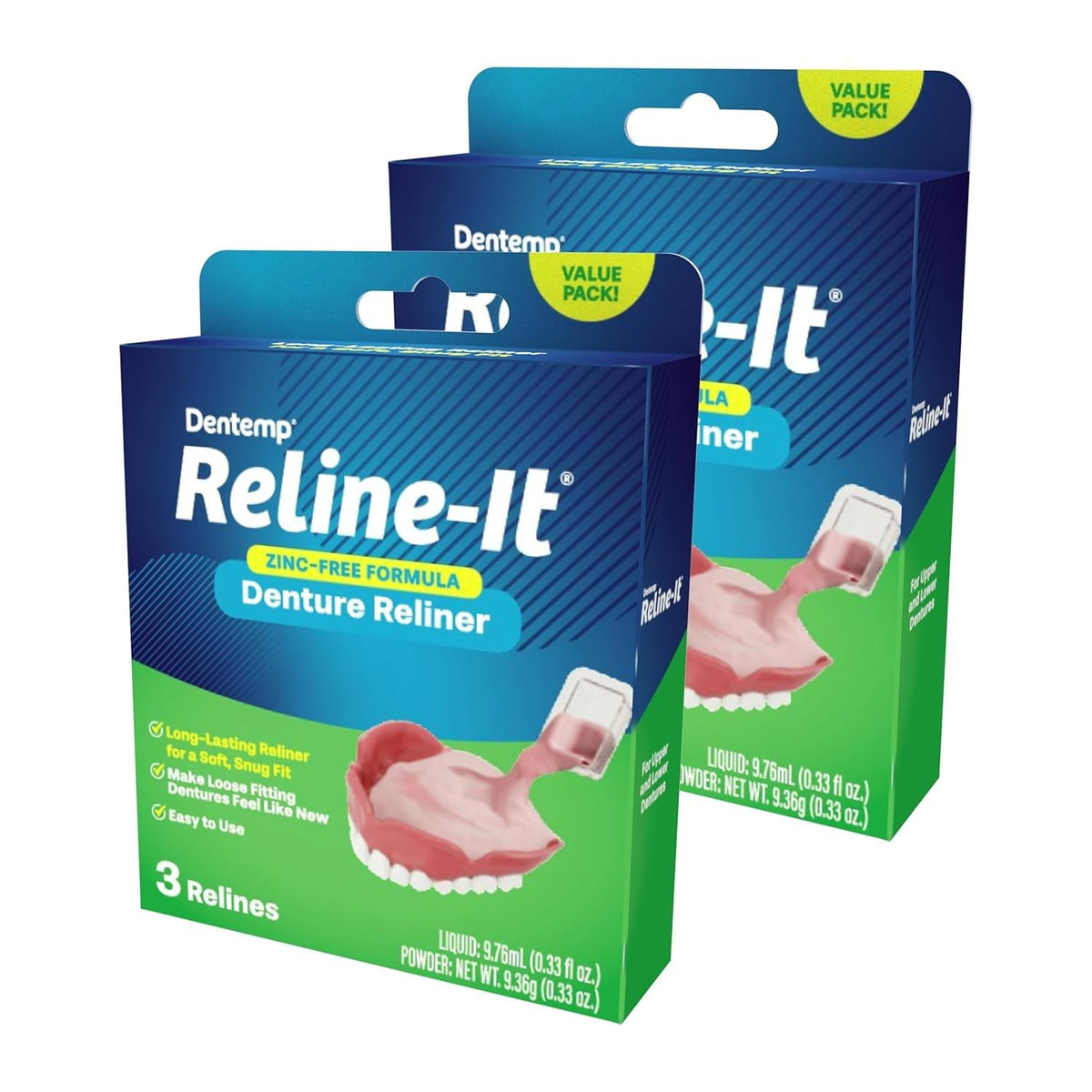 Denture Reline Kit for Upper & Lower Dentures - 2 Pack, 6 Relines, Advanced Formula