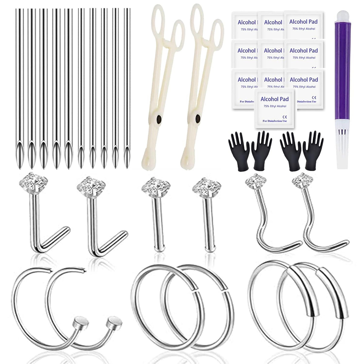 Nose Piercing Kit 20G/18G Set with Rings, Nails & Needles - Stainless Steel