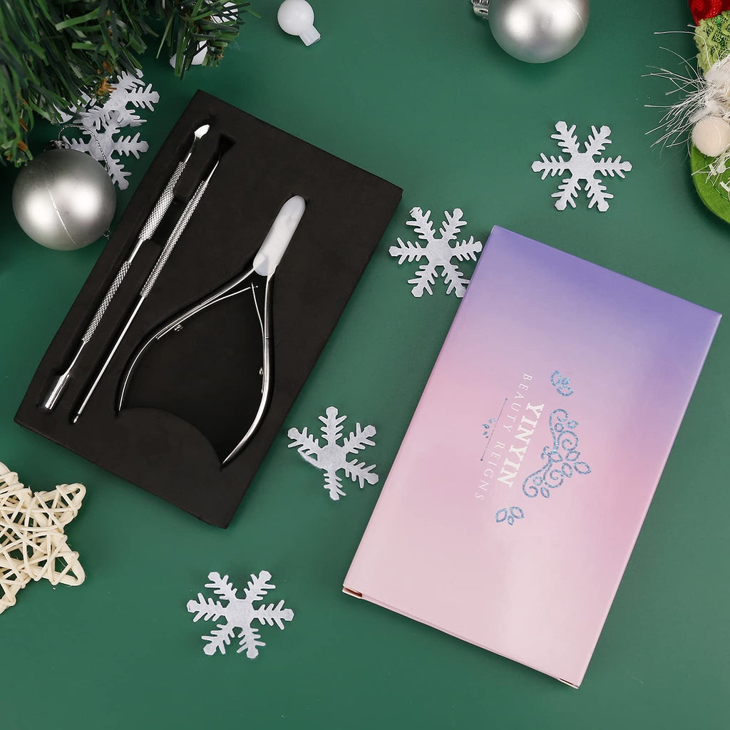 Cuticle Nippers with Pusher and Cutter - 3 Piece Nail Care Set, Silver