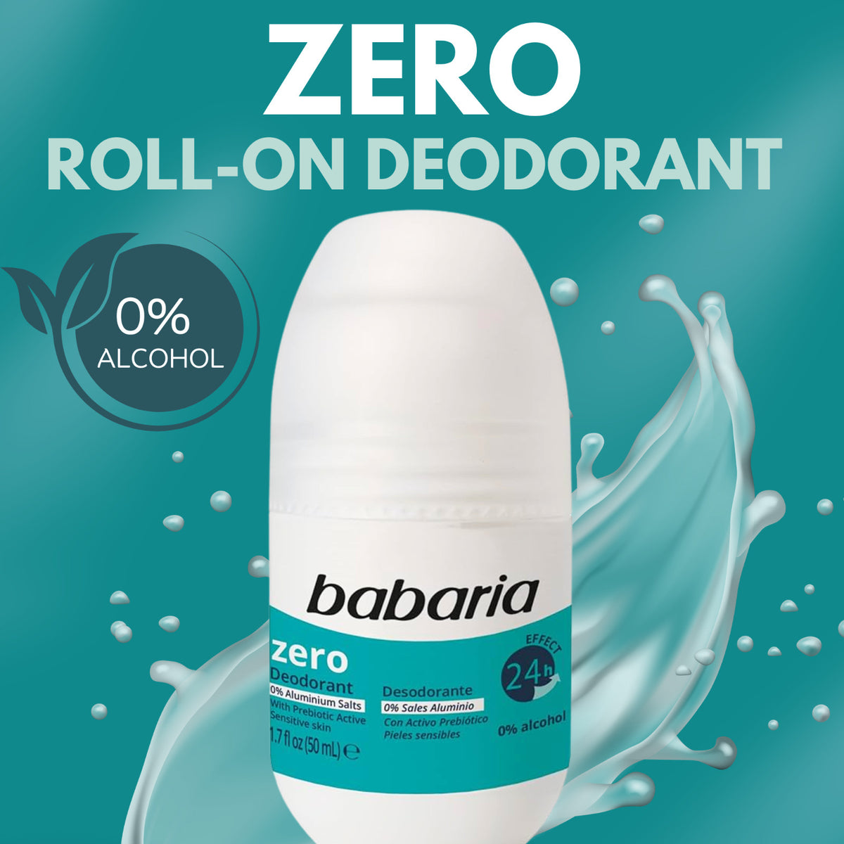 Zero Deodorant Roll-On 50ml - Alcohol-Free, 24H Odor Protection, No Salts