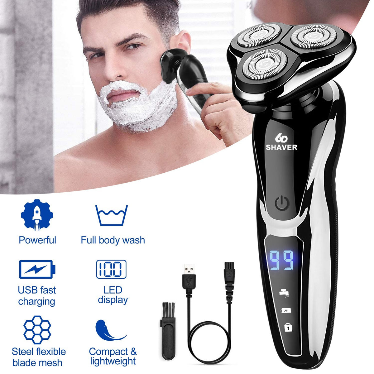 Men's Waterproof Electric Shaver Trimmer with USB Charging & Long Battery Life