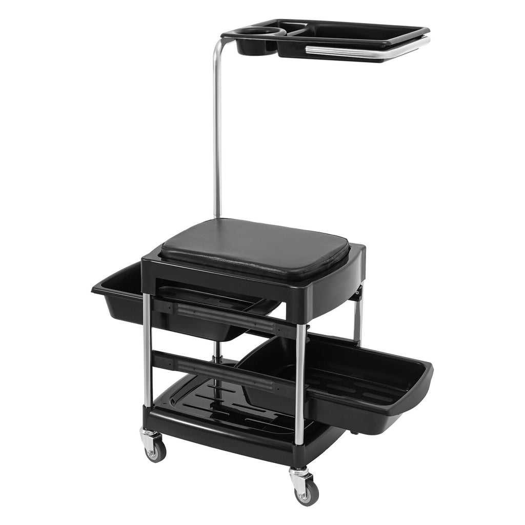 Salon Hair Tool Cart with Seat and 3 Tiers, Rolling Storage Trolley, Black