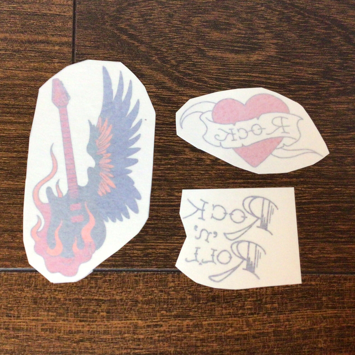 3x Rock & Roll Guitar Heart Temporary Tattoos - Vintage Style Halloween Ink