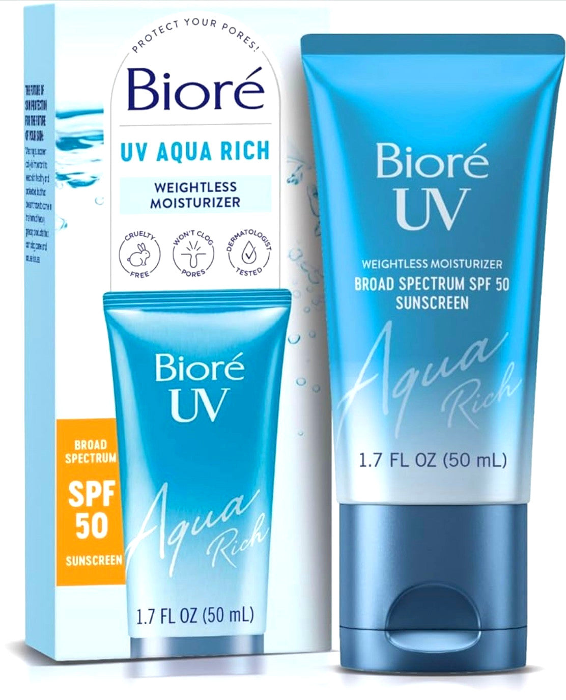 Biore UV Aqua Rich SPF 50 Facial Sunscreen Moisturizer 2-in-1 Pack - Unisex, 3 x 1.7oz