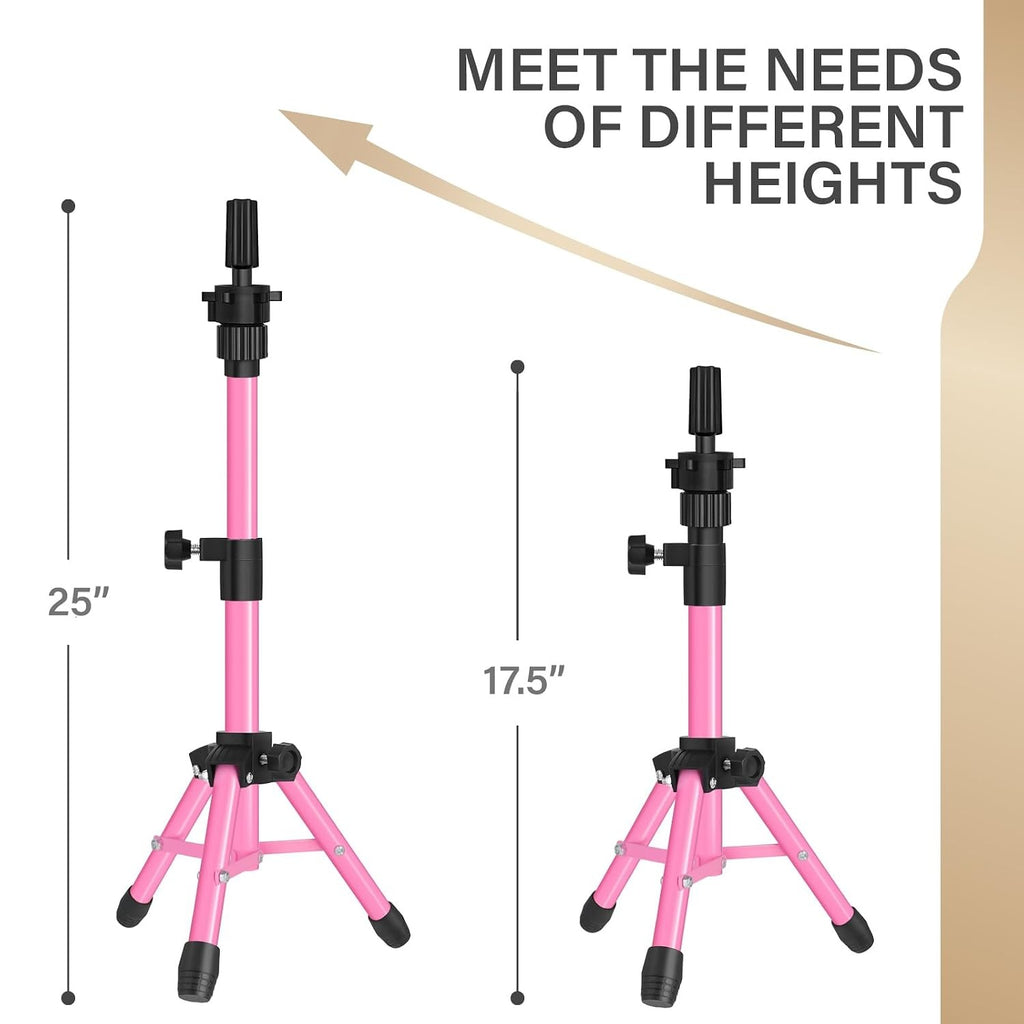 25 Inch Pink Adjustable Tripod Wig Stand for Display & Cosmetology