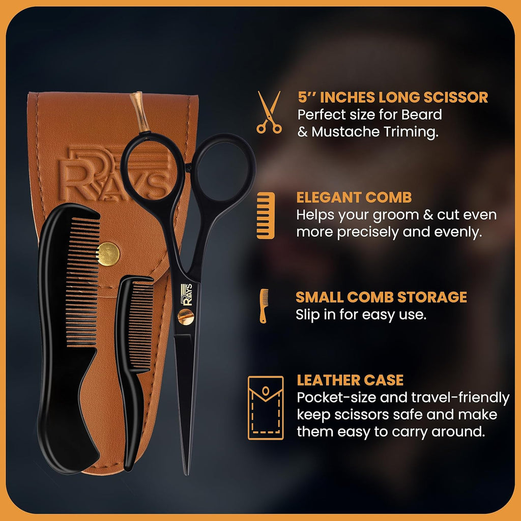 German Mustache Scissors for Men with Beard Comb & Travel Pouch - 5 Inch