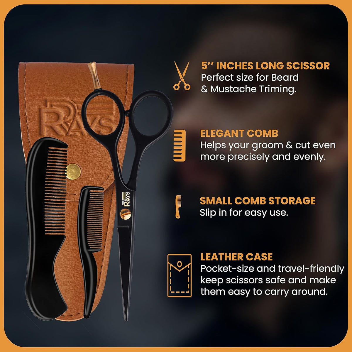 German Mustache Scissors for Men with Beard Comb & Travel Pouch - 5 Inch
