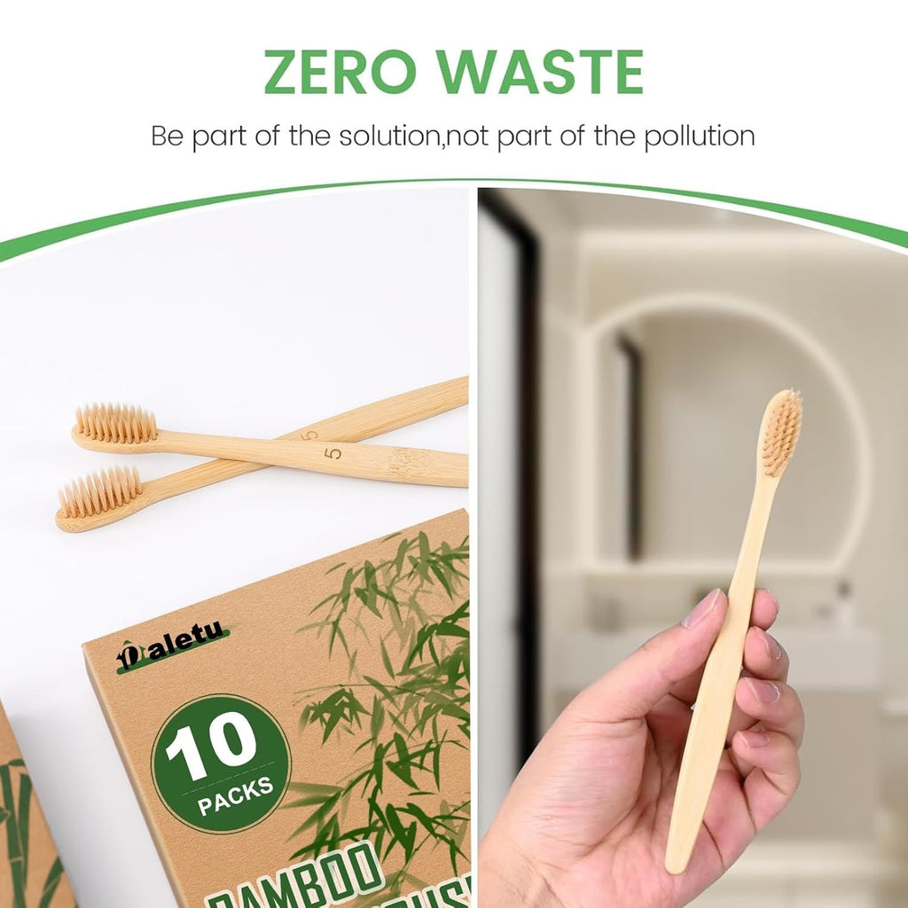 Bamboo Toothbrush Set Soft Bristles Eco-Friendly Biodegradable BPA Free - 2 or 10 Pack