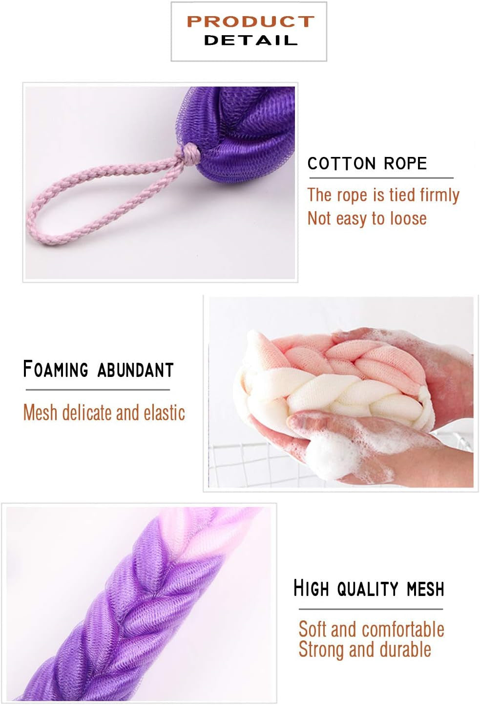 4 Pack Long Stretch Back Sponge with Rope Handles - Body Bath Scrubber