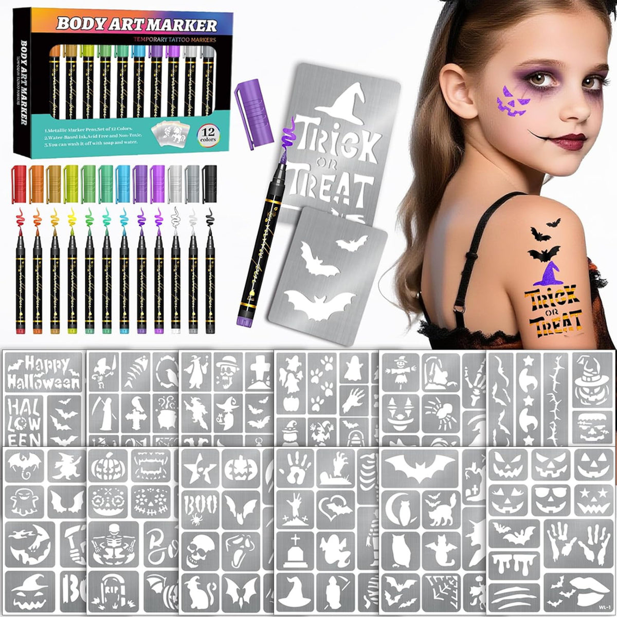 Temporary Tattoo Markers for Skin – Flexible Brush Tip, 12 Metal Body Markers, 169 Stencil Sheets