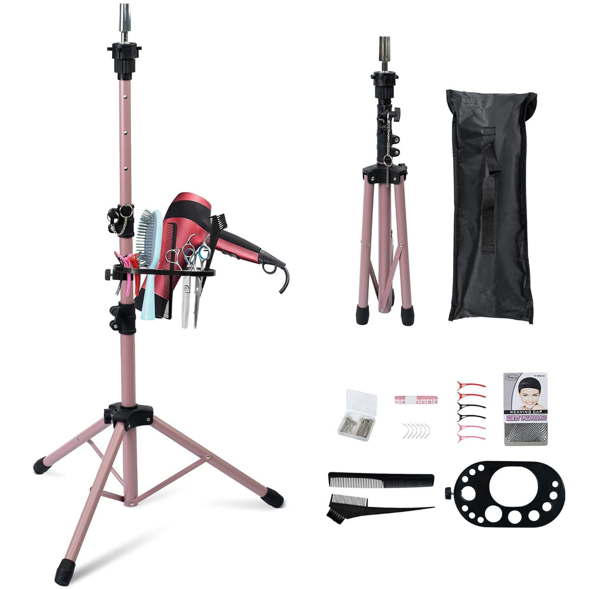 Adjustable Metal Wig Stand Tripod with Tool Tray for Salon & Styling