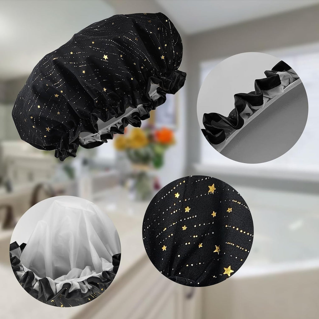 Reusable Shower Cap for Women - Double Waterproof Layers, 2 Pack
