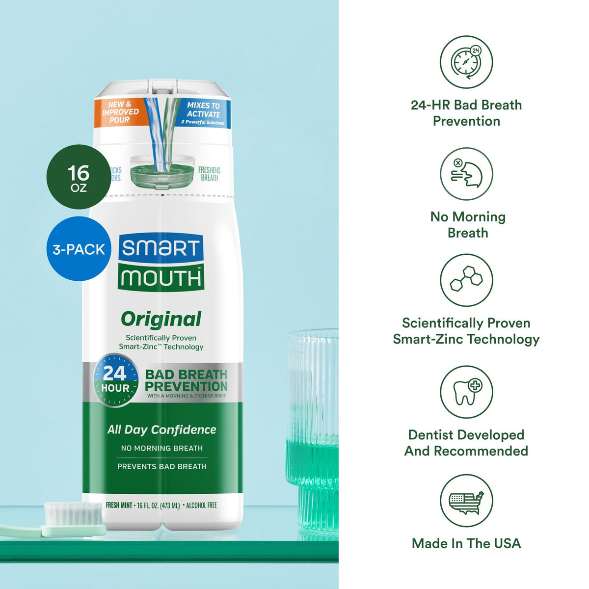 Activated Mouthwash for Fresh Breath - Long-Lasting Mint Flavor, 16 fl oz (3 Pack)