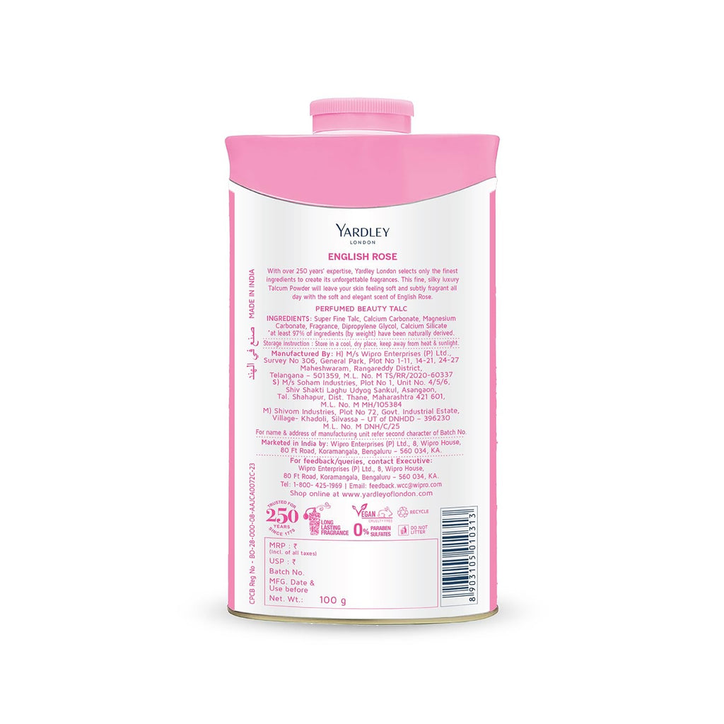 English Rose Perfumed Talcum Powder - Deodorizing Body Powder 100g