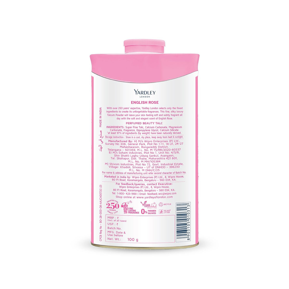English Rose Perfumed Talcum Powder - Deodorizing Body Powder 100g