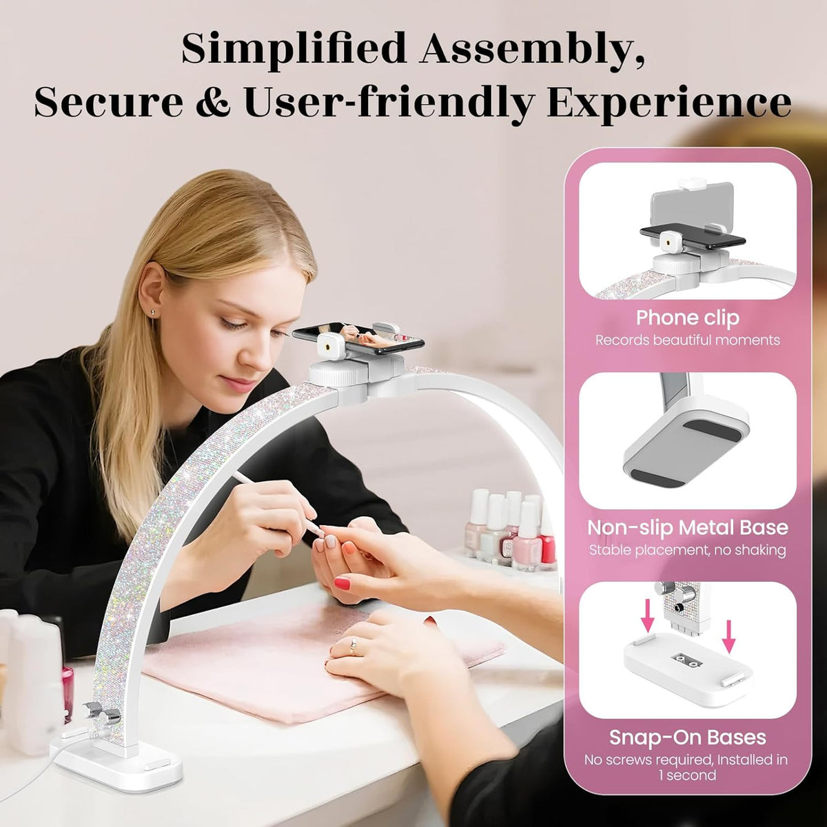 30-Inch LED Half Moon Nail Desk Light with Phone Holder - Professional Manicure Lamp