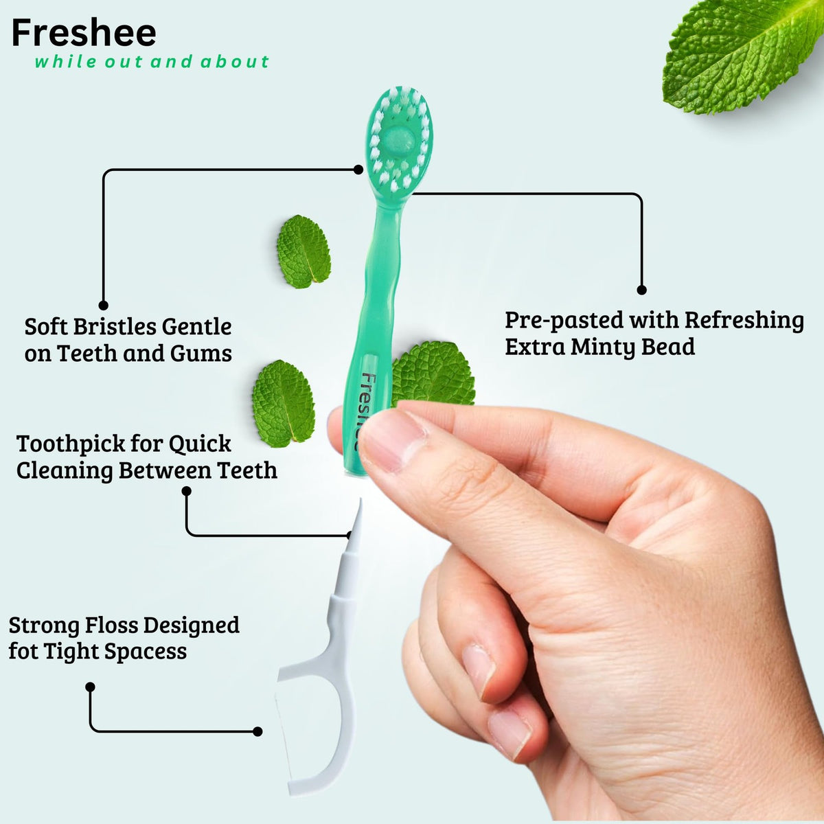 Disposable Mini Toothbrush with Mint Bead - 5-in-1 Travel Oral Care Set, 24 Pack