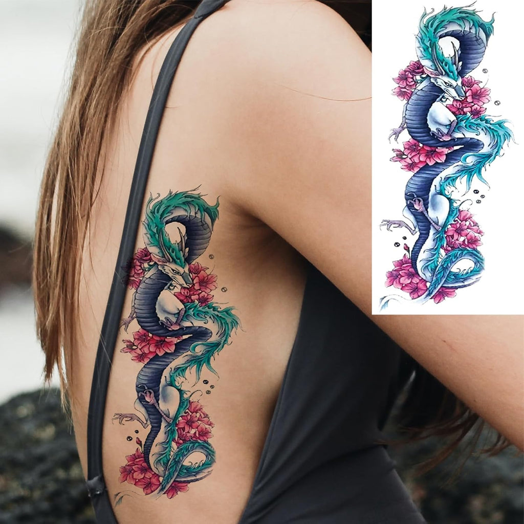 10 Sheet Realistic Chinese Floral Dragon Temporary Tattoo for Women
