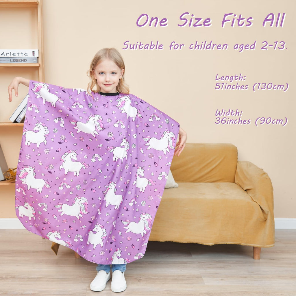 Kids Hair Cutting Cape with Adjustable Neck Strap and Unicorn Pattern - 51 x 36 Inch, Purple