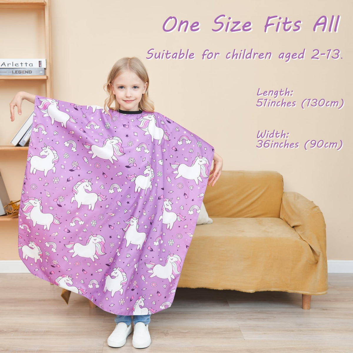 Kids Hair Cutting Cape with Adjustable Neck Strap and Unicorn Pattern - 51 x 36 Inch, Purple