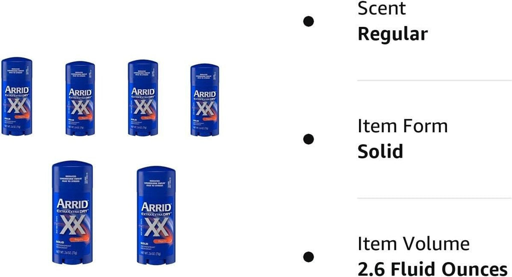 Arrid XX Regular Scent Extra Dry Solid Antiperspirant Deodorant 2.6oz 6-Pack