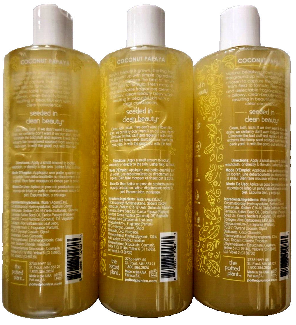 Hemp Coconut Papaya Body Wash - 3 Pack Natural Hemp Seed Oil 16.9oz