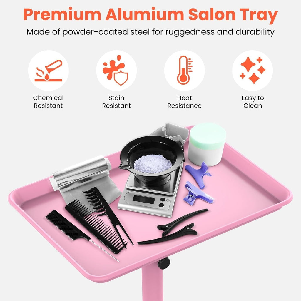 Pink Salon Service Tray on Wheels for Hair Coloring & Tools