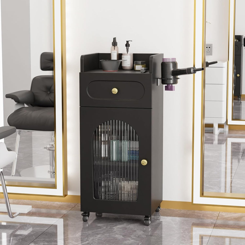 Salon Trolley Cart with Glass Door, Mobile Storage Cabinet with Wheels