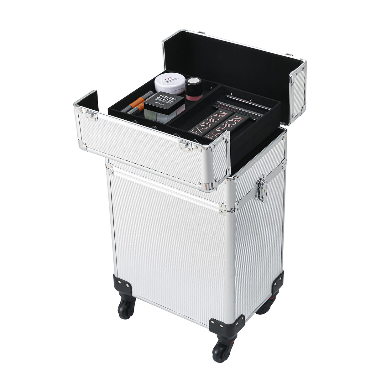 4-in-1 Aluminum Rolling Makeup Train Case with Drawers and Wheels