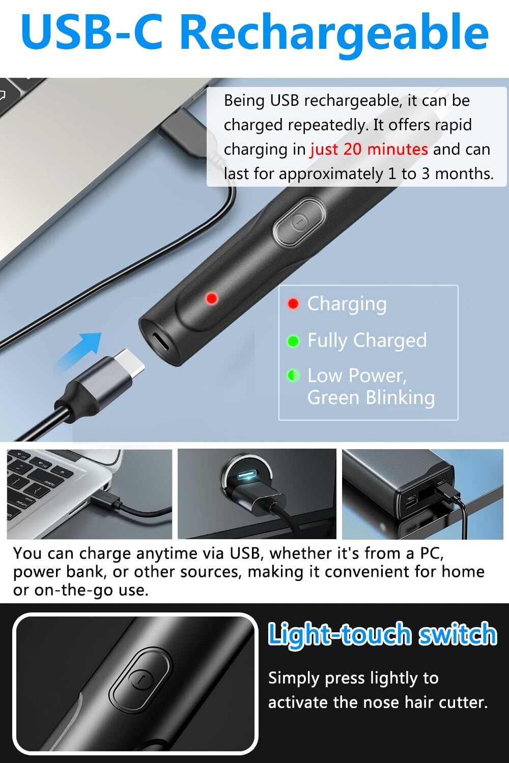 USB Rechargeable Nose & Ear Hair Trimmer - Painless, Compact, Quiet