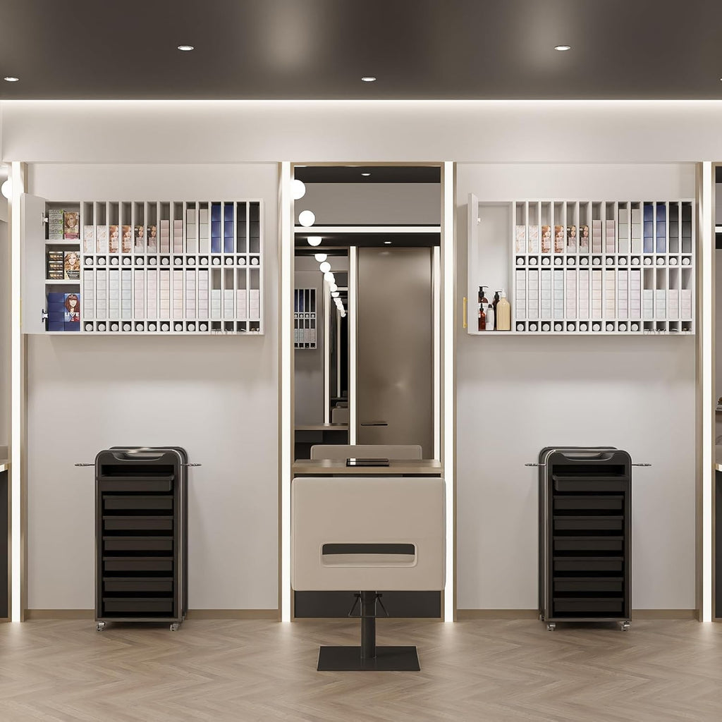 Wall-Mounted Hair Color Organizer with Adjustable Shelves for Salon Storage