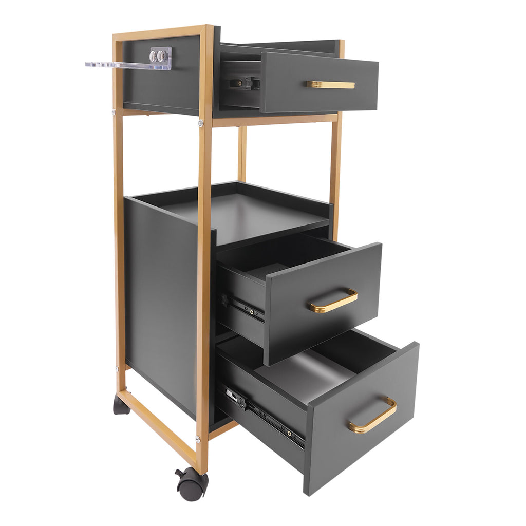 Mobile Salon Storage Cart with 3 Drawers and Hair Dryer Holder - Gold & Black
